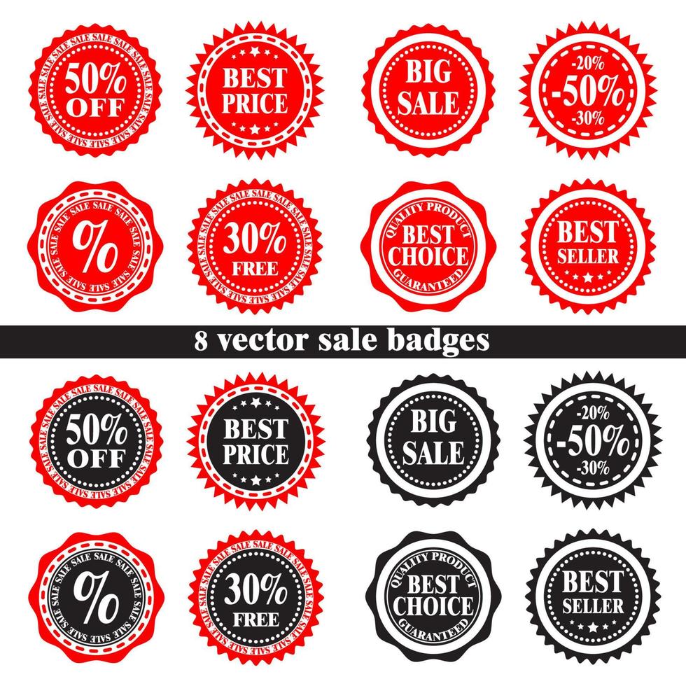 Set of round sale badges, promotional discount label. Retail paper sticker, vector illustration.