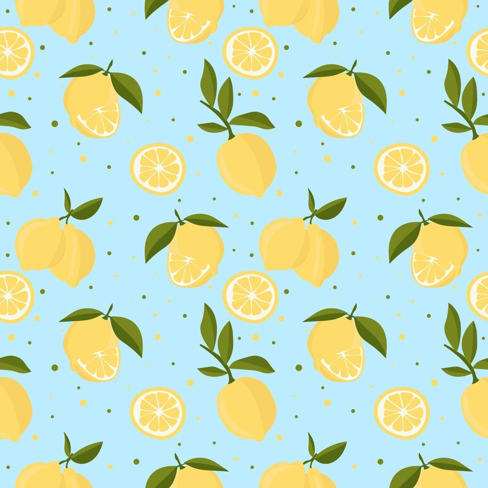 Vector seamless pattern with lemons and leaves. On a blue background