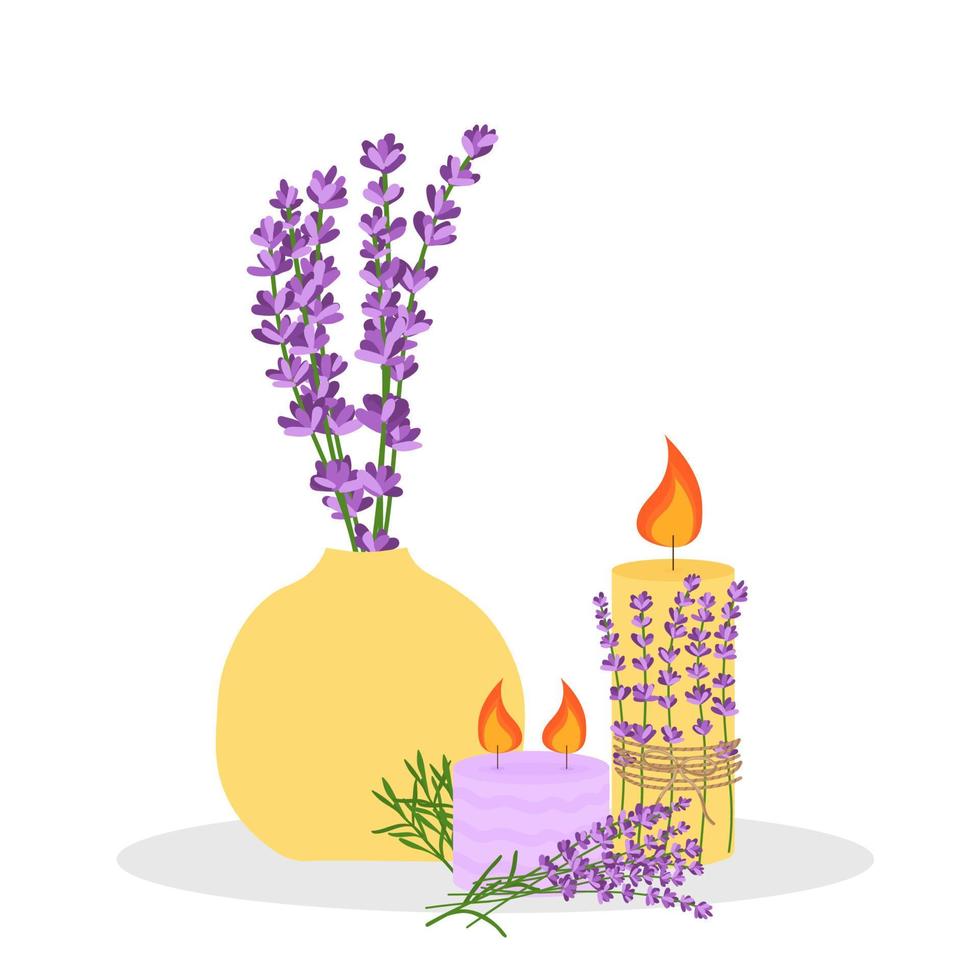 Lavender flowers in a yellow vase with a candle. Vector illustration isolated on white background