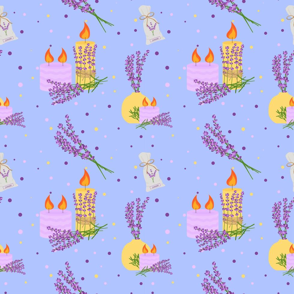 Seamless pattern with lavender flowers, with flowers in a vase, candles. Vector illustration