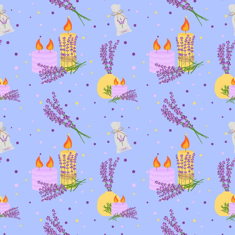 Seamless pattern with lavender flowers, with flowers in a vase, candles. Vector illustration