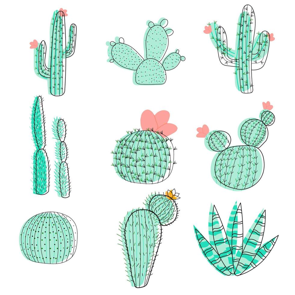 Set of vector illustrations with flat cactus bright colors.Flat illustration and contour repetition