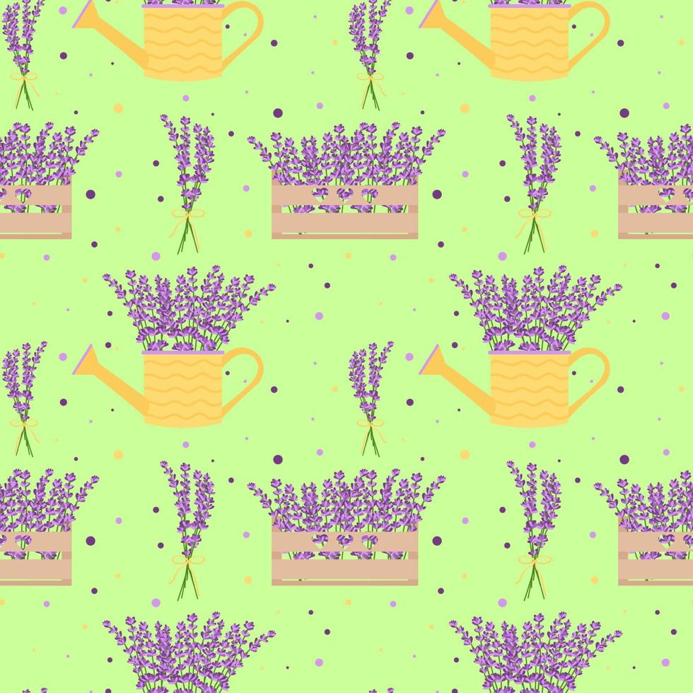 Seamless pattern with lavender flowers, flower boxes, flower bouquets. Floral seamless pattern. vector