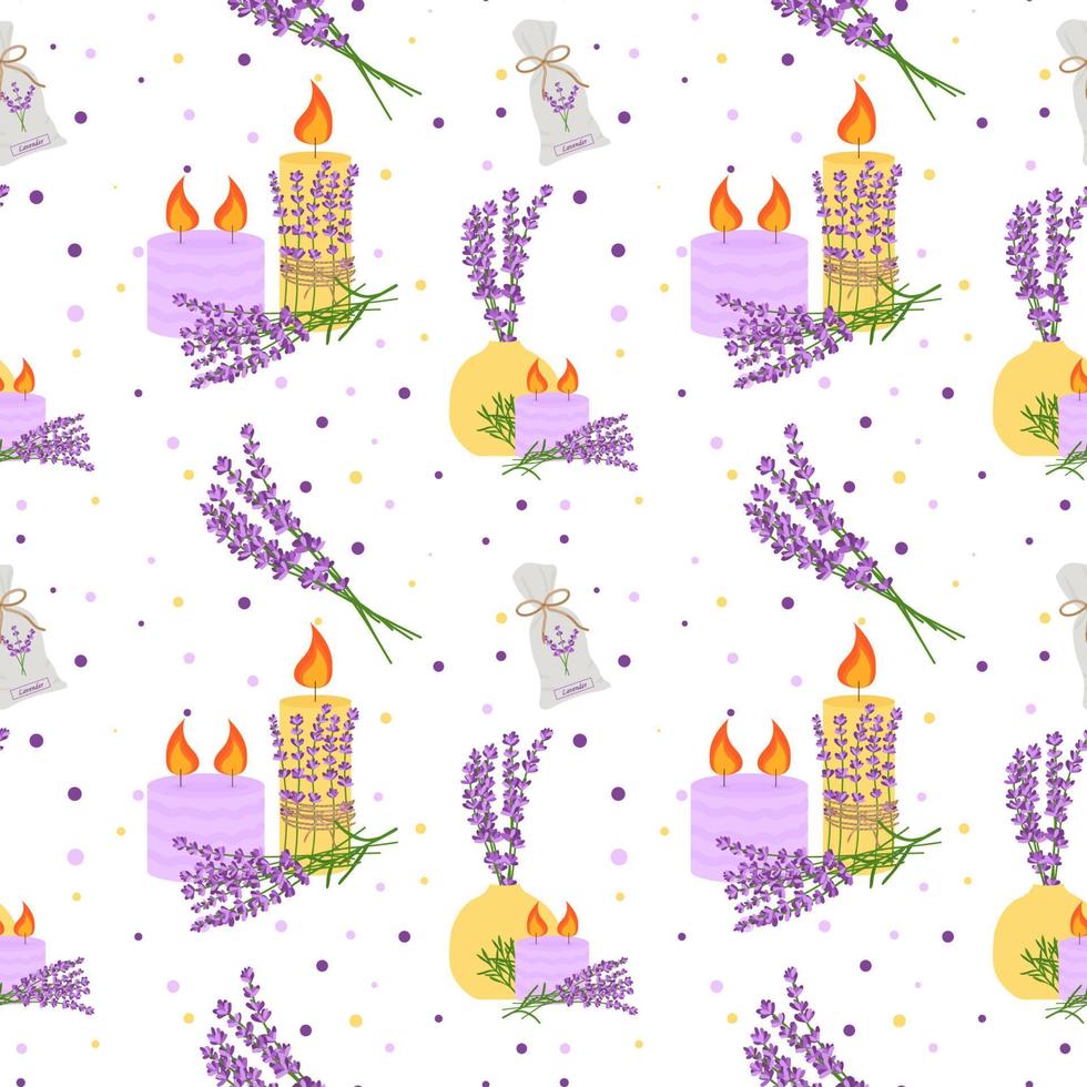 Seamless pattern with lavender flowers, with flowers in a vase, candles. Vector illustration
