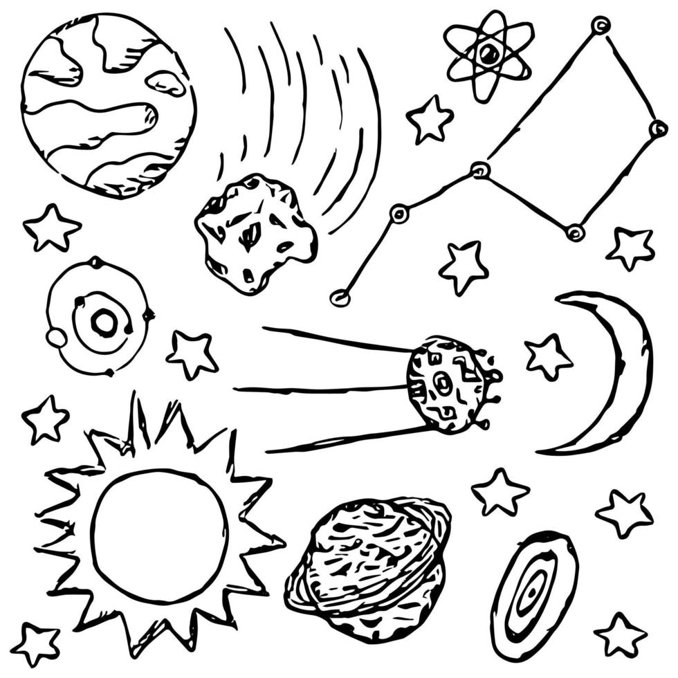 Space icons. Cosmos background. Doodle vector space illustration with planets, comet, stars, moon, sun and black hole