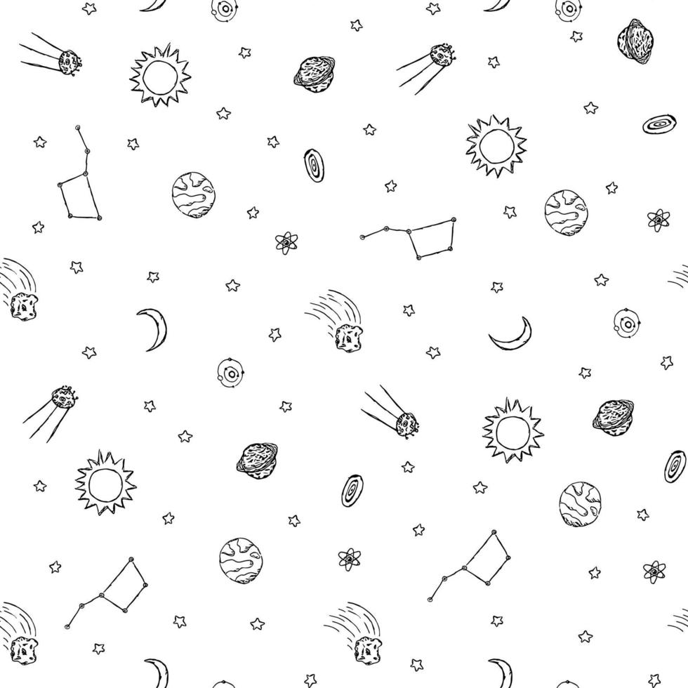 Seamless space pattern. Cosmos background. Doodle vector space illustration with planets, comet, stars, moon, sun and black hole