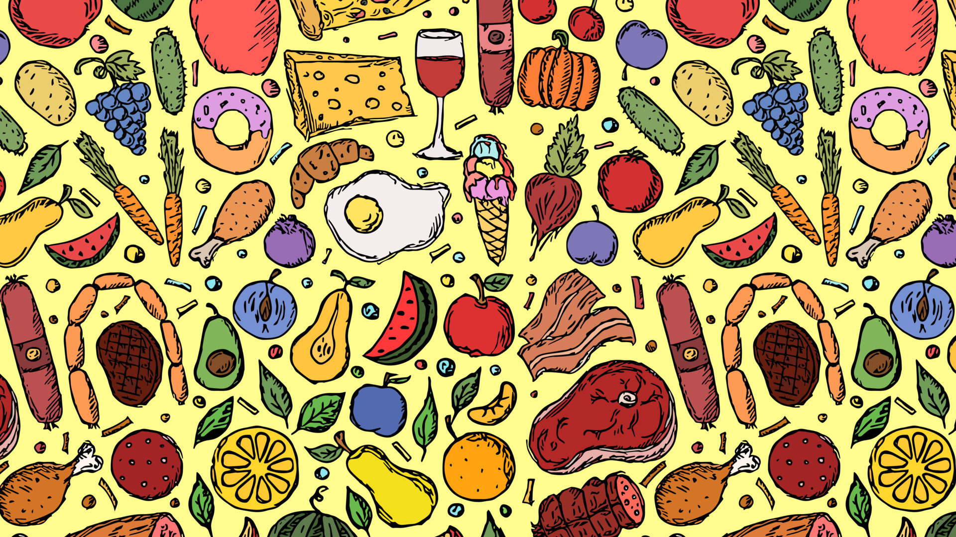 Horizontal illustration of food background with fruits, vegetables and
