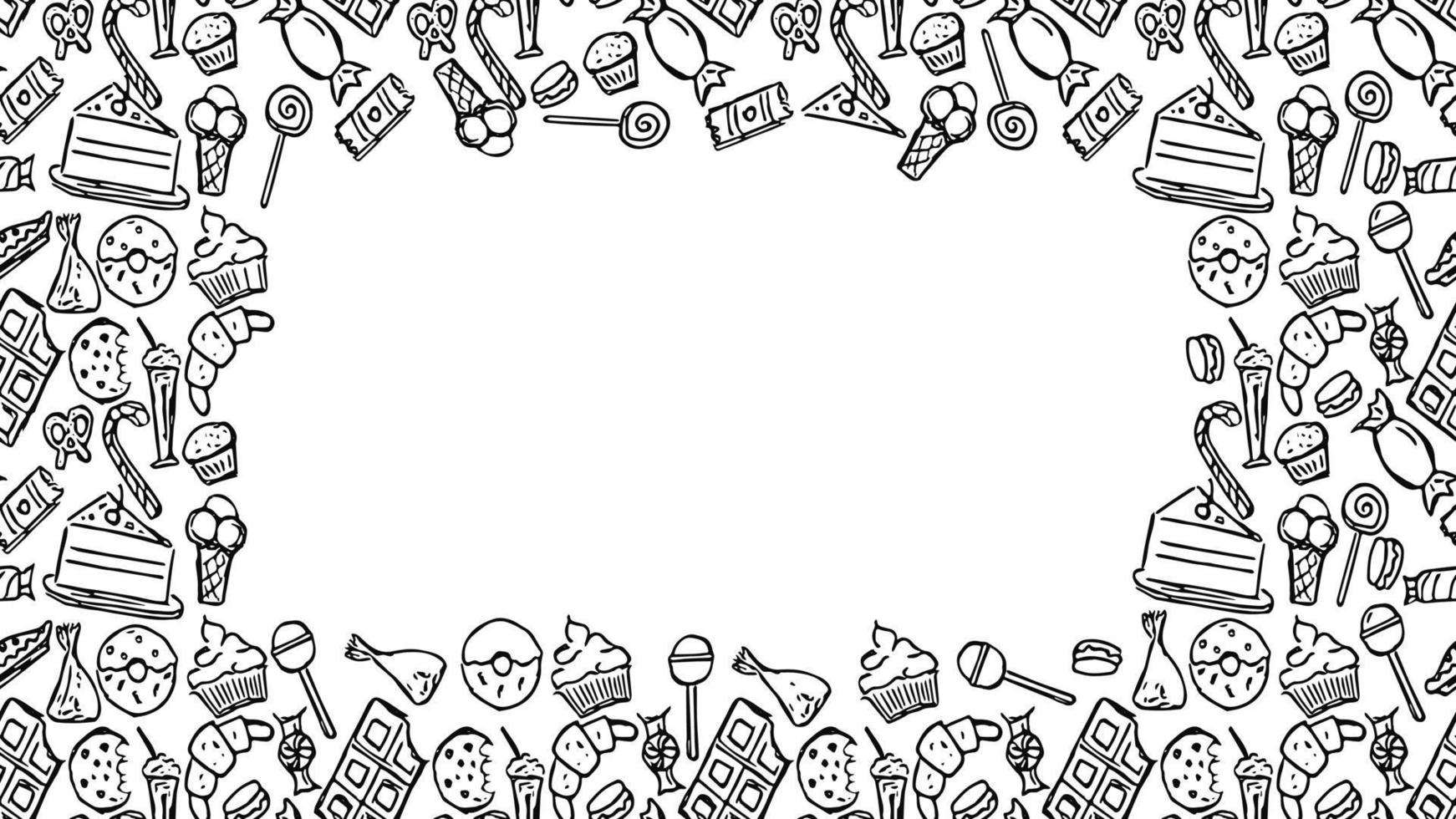 patrón horizontal sin costuras con dulces y lugar para el texto. Doodle vector con iconos de dulces sobre fondo blanco. ilustración de dulces vintage