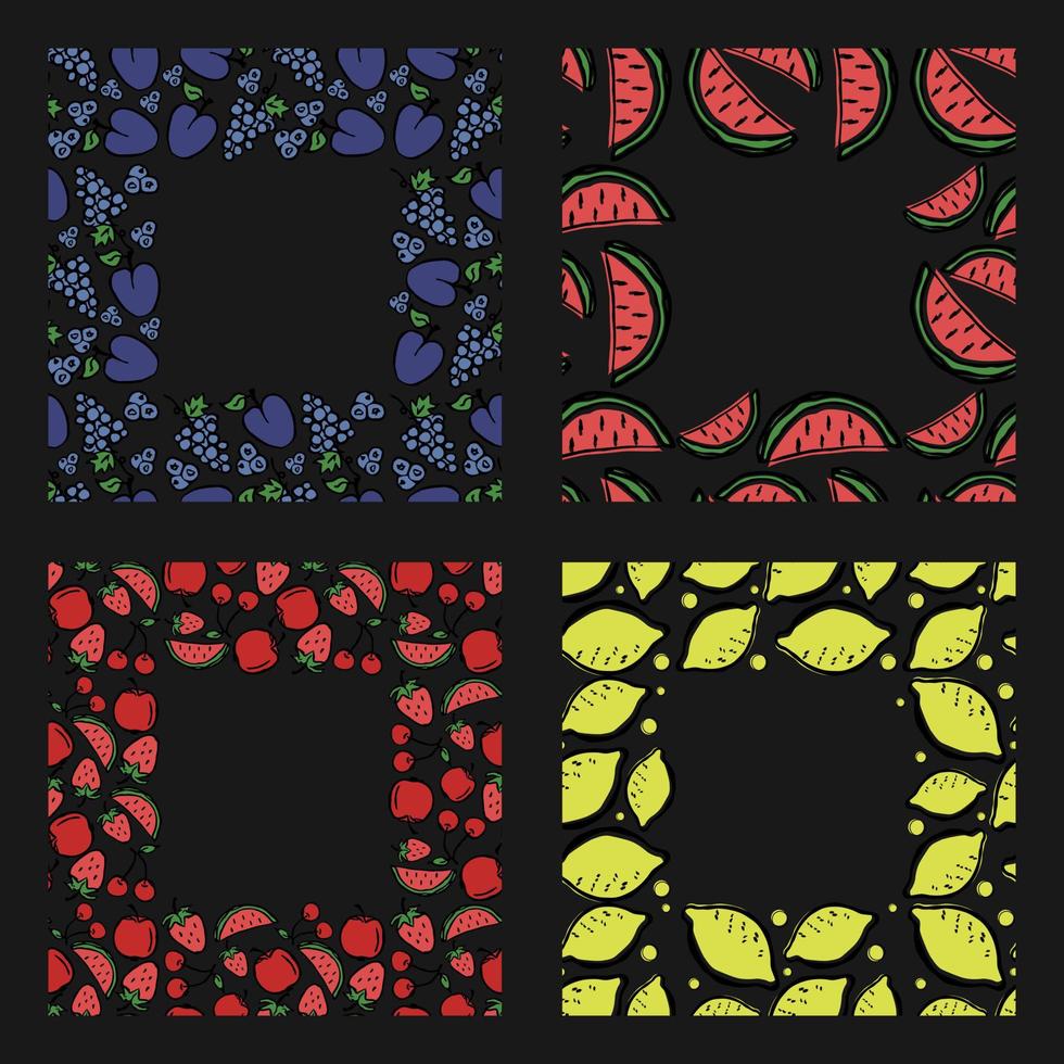 set of different seamless fruit frames. doodle vector fruit background with place for text