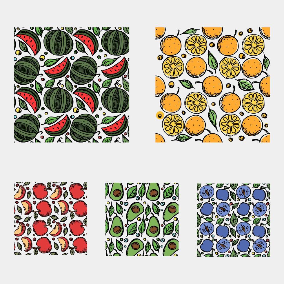 conjunto de diferentes patrones de frutas sin fisuras. garabato, vector, fruta, plano de fondo vector