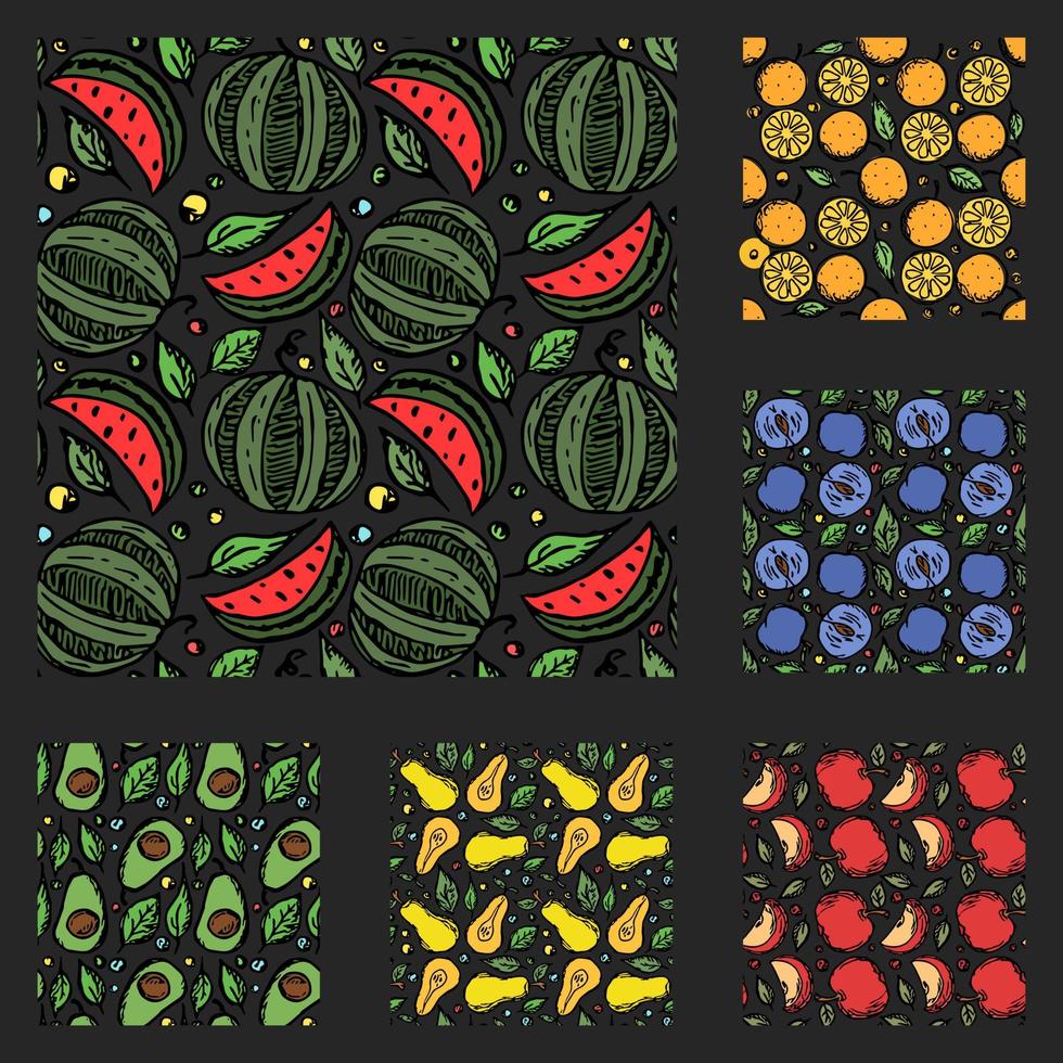 set of different seamless fruit patterns. doodle vector fruit background