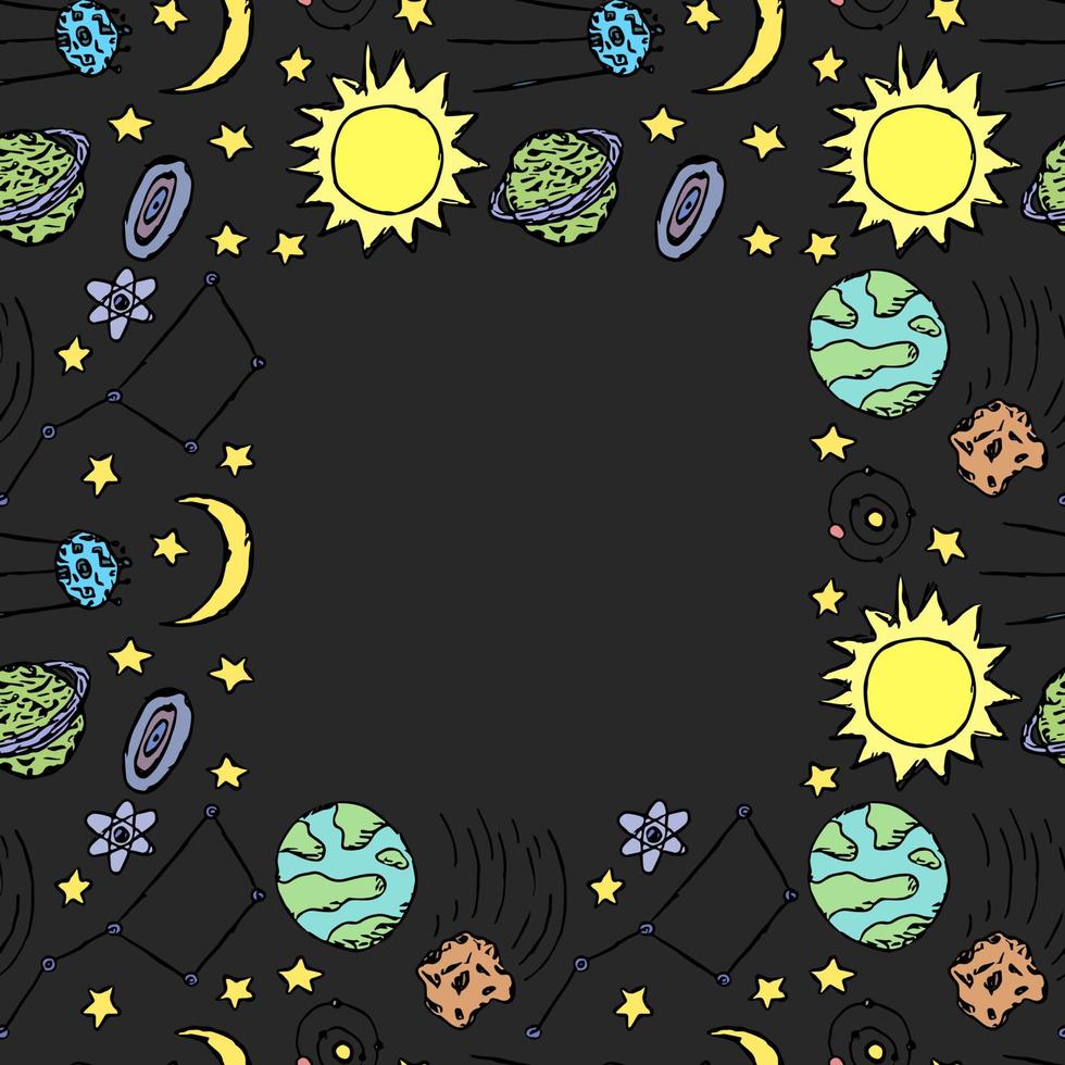 Seamless space pattern with place for text. Cosmos background. Doodle vector space illustration with planets, comet, stars, moon, sun and black hole