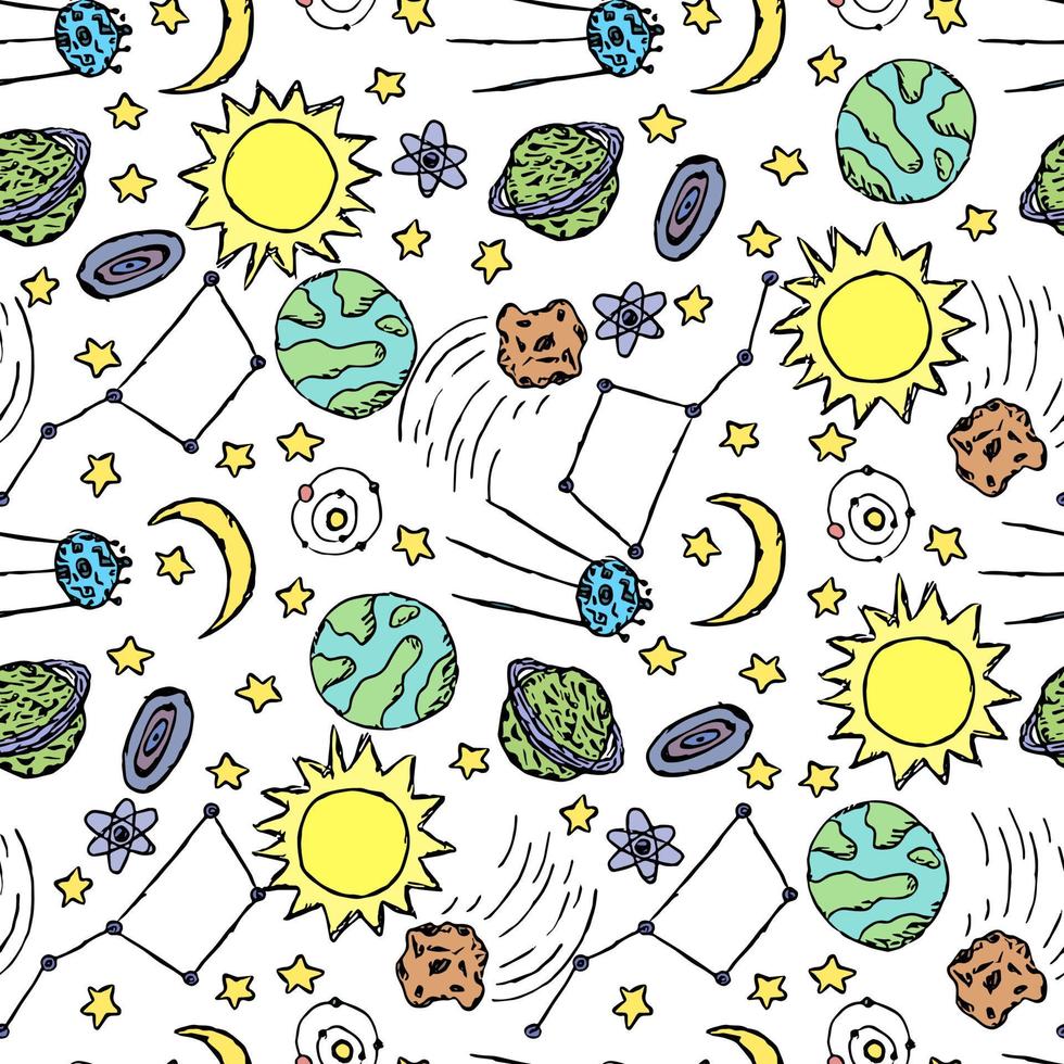 Seamless space pattern. Cosmos background. Doodle vector space illustration with planets, comet, stars, moon, sun and black hole