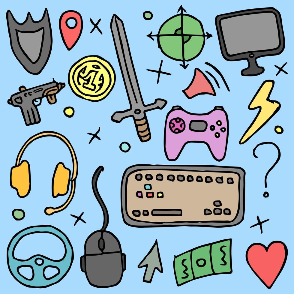 GAMER Doodle Vector Icons. Computer Game Doodle Icons 