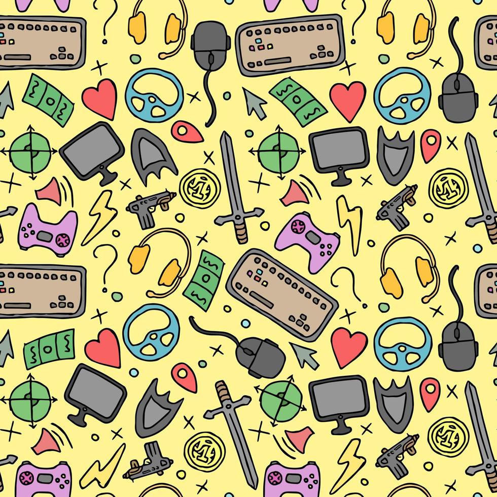 Seamless gaming background. seamless pattern with doodle gaming icons. gaming vector icons