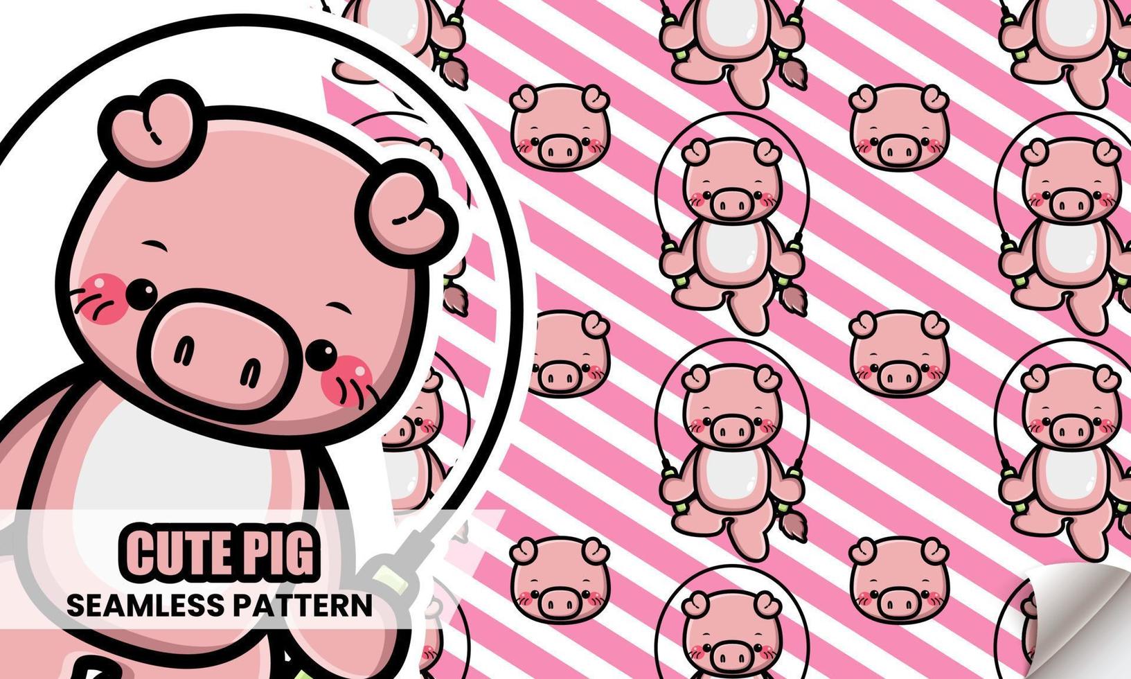 Happy cute pig play jump rope seamless pattern vector