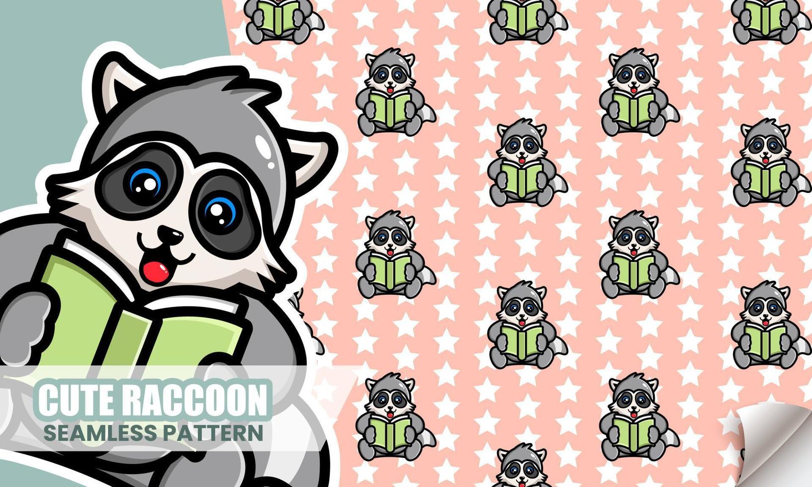 Cute raccoon reading book seamless pattern vector