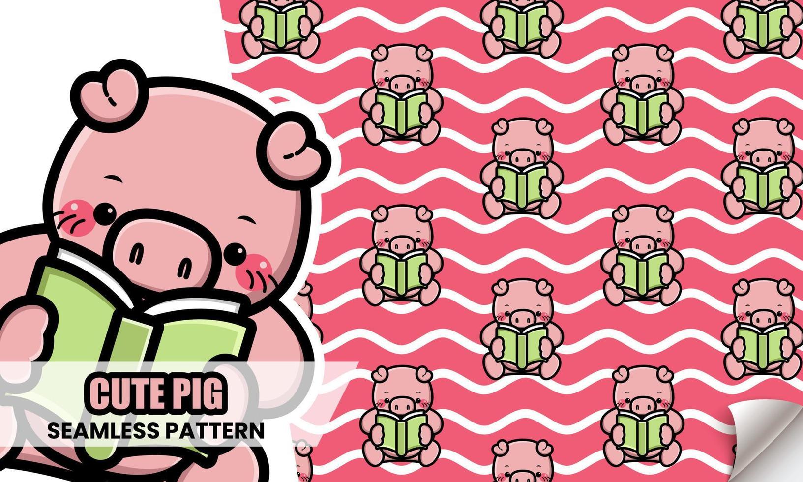 Cute pig reading book seamless pattern vector