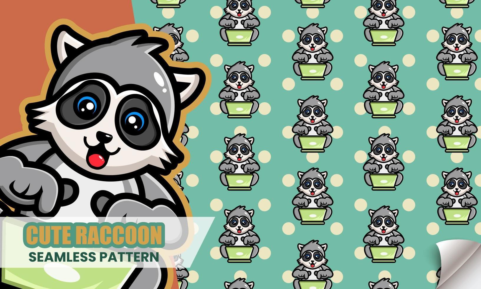 Cute raccoon operating laptop seamless pattern vector