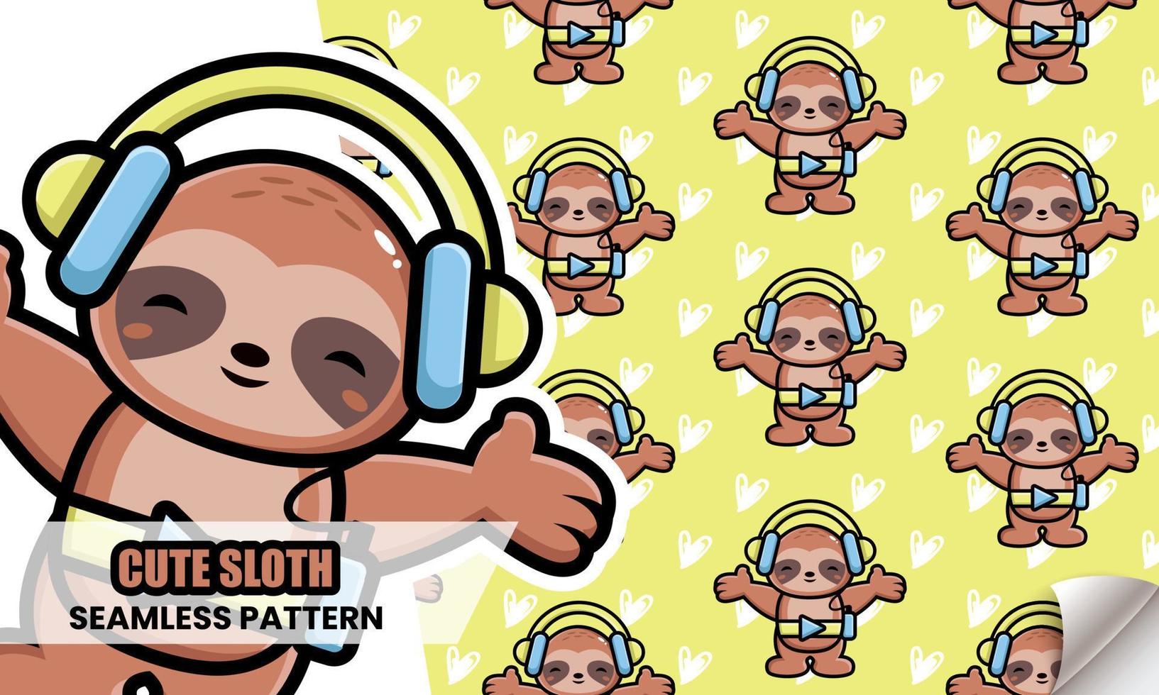 Cute sloth listening music with headphone seamless pattern vector