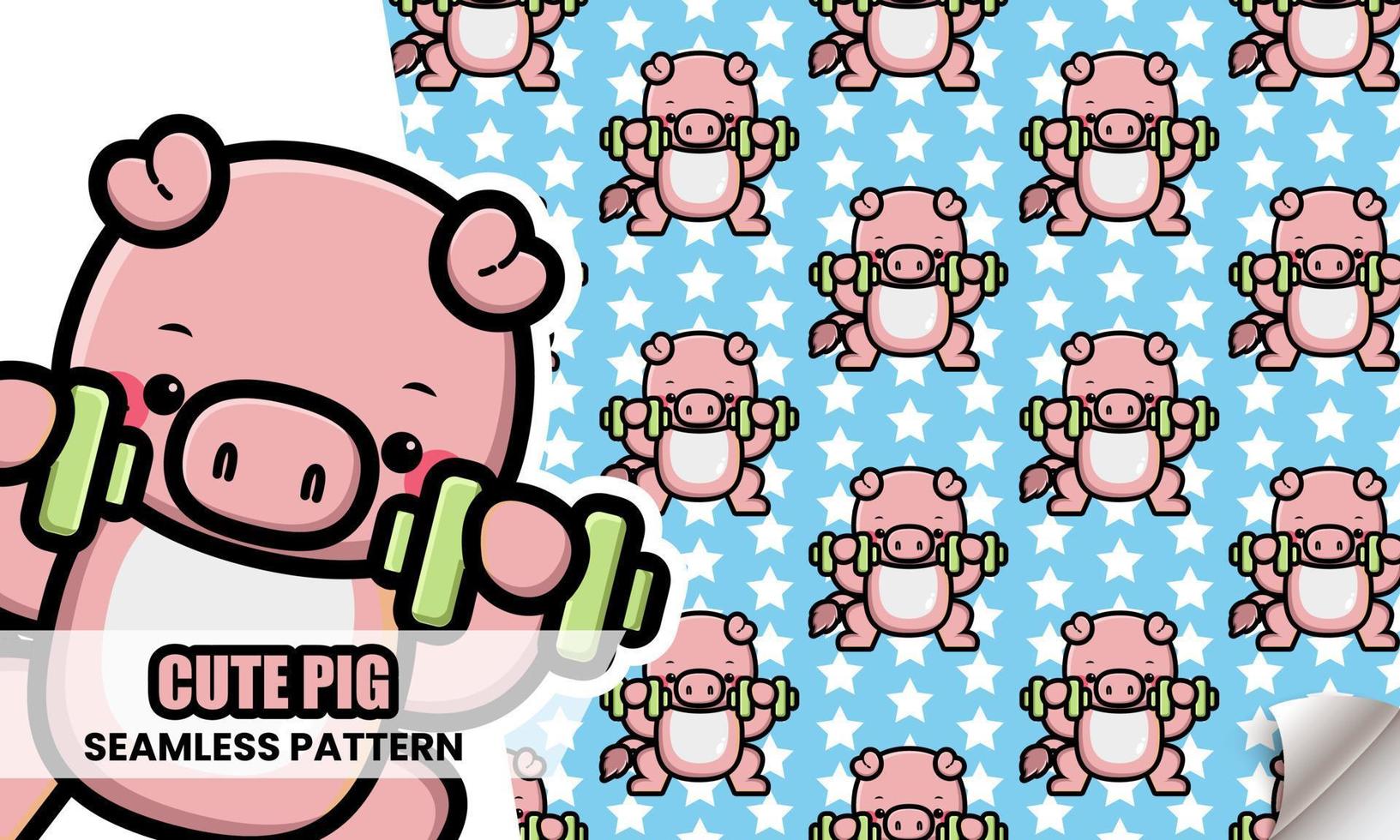 Cute pig lifting weights seamless pattern vector