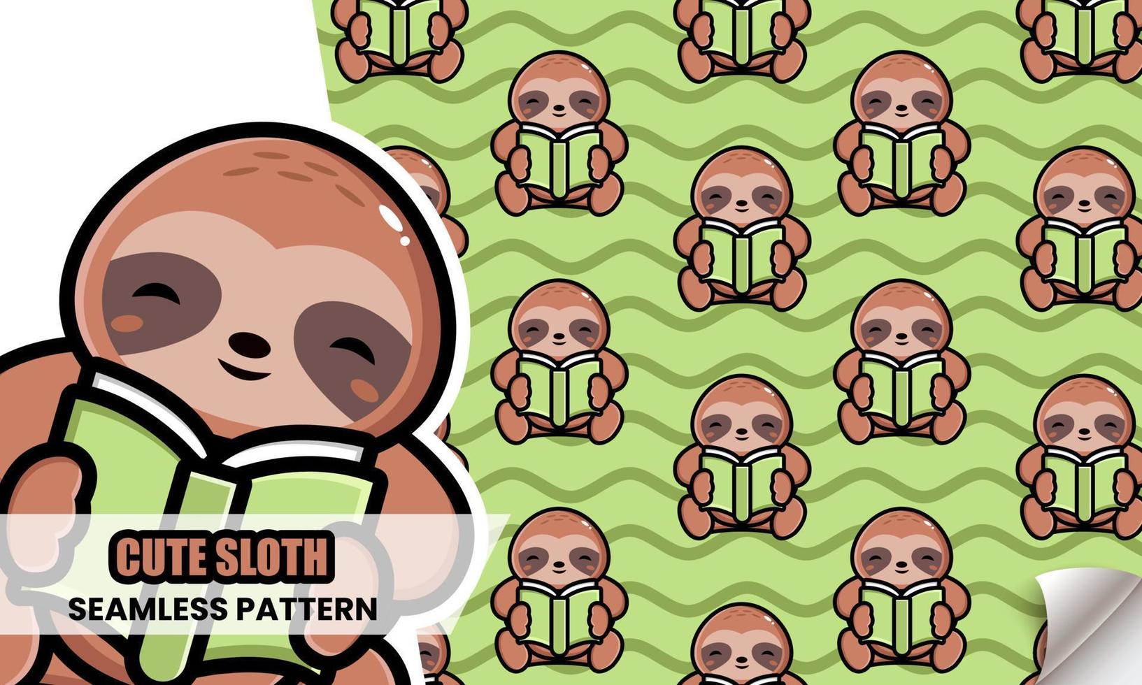 Cute sloth reading book seamless pattern vector