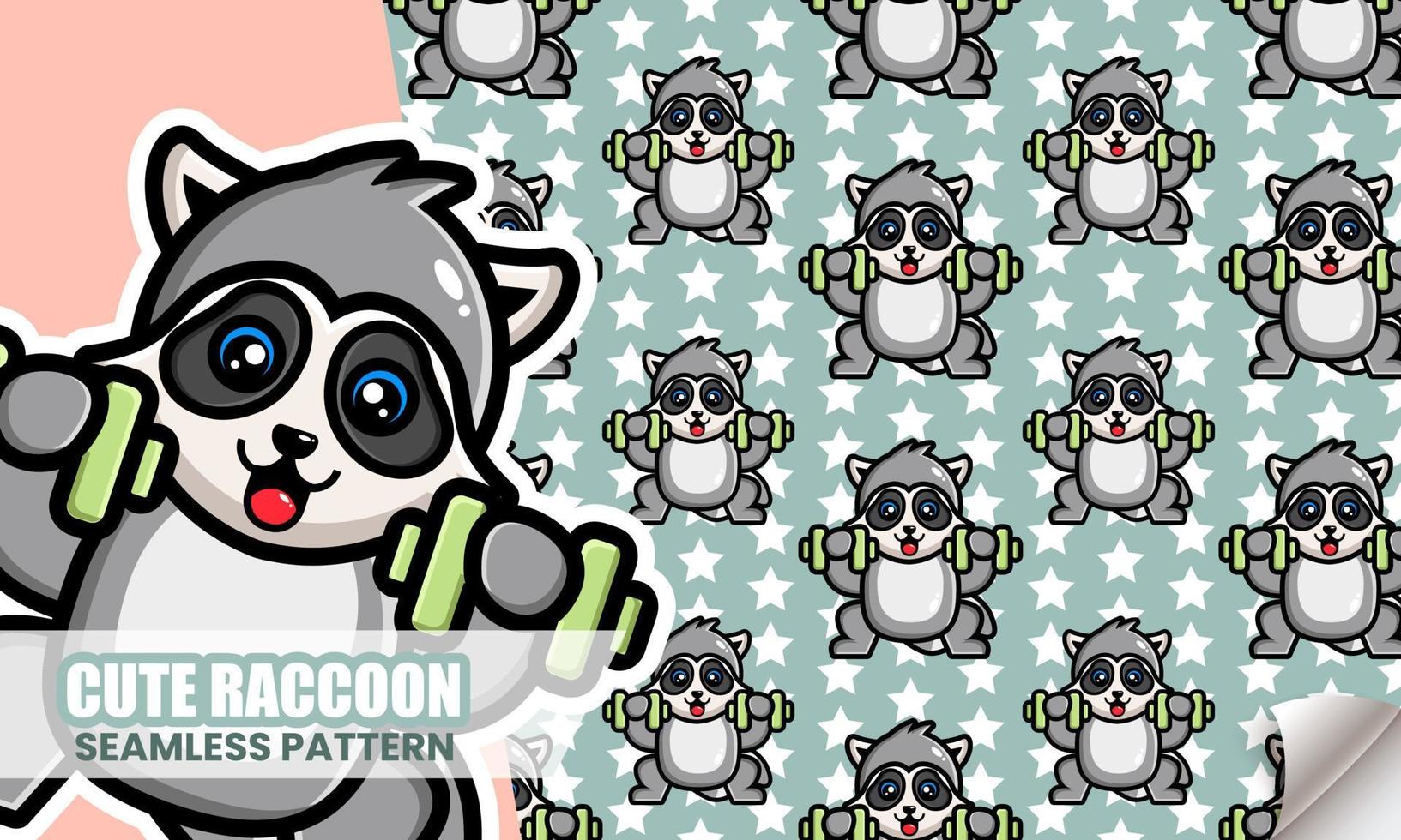 Cute raccoon lifting weights seamless pattern vector