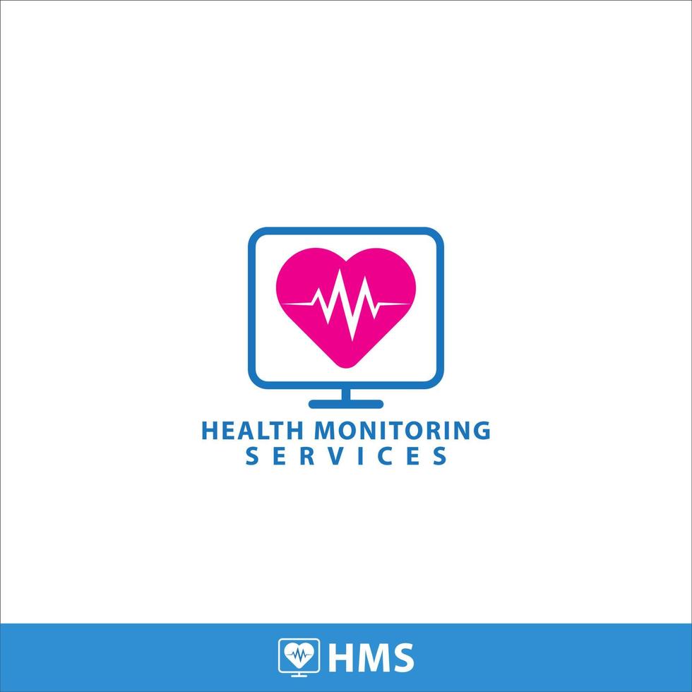 plantilla de diseño de logo de servicios de monitoreo de salud. monitor de pantalla y forma de corazón con ilustración de vector de pulso... tema de color magenta azul y rosa brillante. aislado sobre fondo blanco