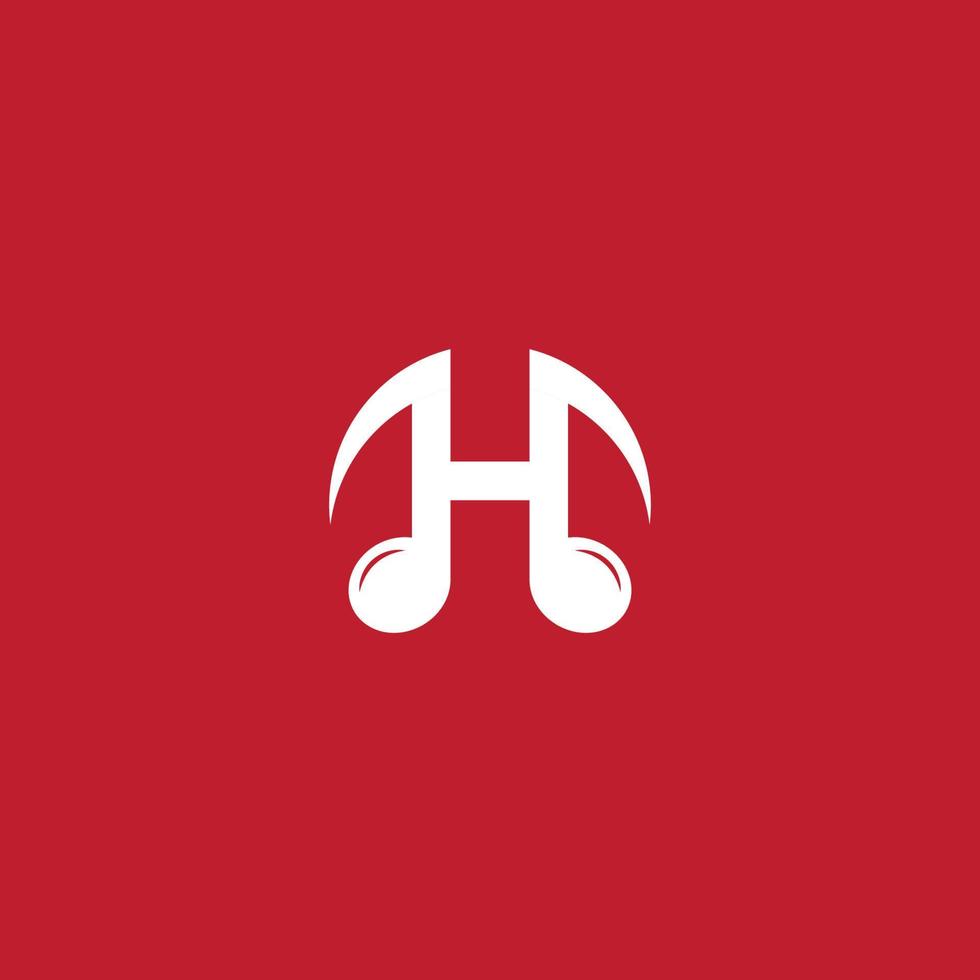 Letter H Alphabet Music Logo Design isolated on Red color background. Initial and Musical Note, Quaver, Eighth Notes logo concept. Monogram Lettermark Logotype vector