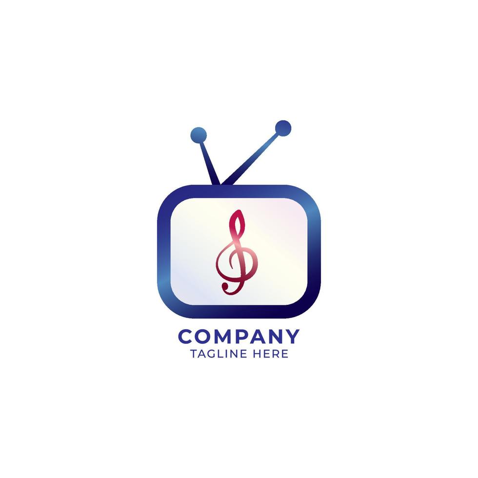 Television with treble clef vector illustration. Glossy Music Tv Channel logo concept isolated on white background. Dark blue and maroon color theme