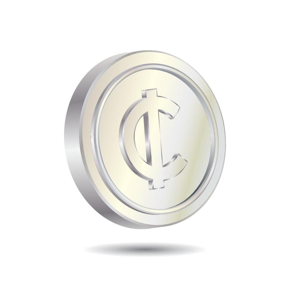 Silver Cent Coin isolated on white color background. Currency symbol of basic monetary unit. Simple and Minimal 3D Vector illustration.