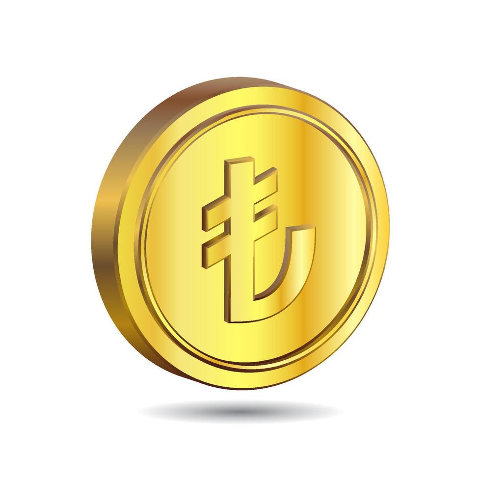 3D Vector illustration of Gold Coin with Turkish Lira sign isolated on white color background.. The currency of Turkey and Northern Cyprus. One.