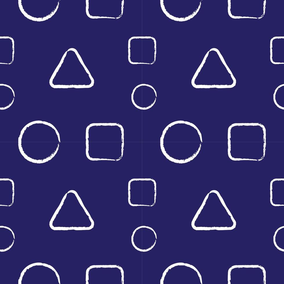 Rounded Triangle, Square and Ellipse Outline Shape Ornament. Abstract Seamless Pattern Design Template. Brush Vector Illustration. Blue and White Color Theme.