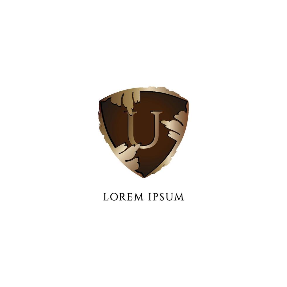 Letter U alphabet logo design template. Initial abjad logo concept. Luxury Decorative metallic gold shield sign illustration. Insurance, Protection, Guard, Security. vector