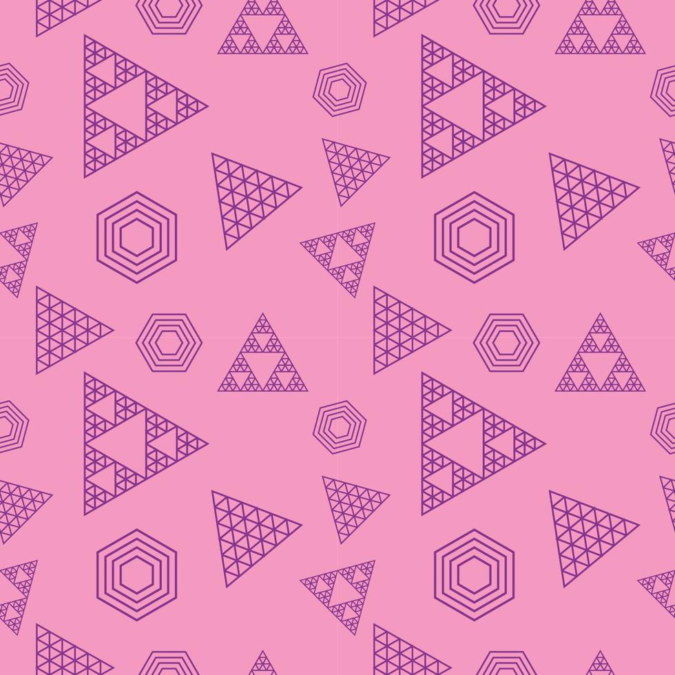 Abstract Outline Triangles and Hexagonal Shape Ornament. Retro Geometric Seamless Pattern Design Template. Pink Purple Violet Color Theme. vector