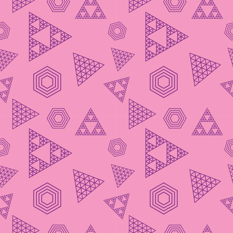 Abstract Outline Triangles and Hexagonal Shape Ornament. Retro Geometric Seamless Pattern Design Template. Pink Purple Violet Color Theme. vector