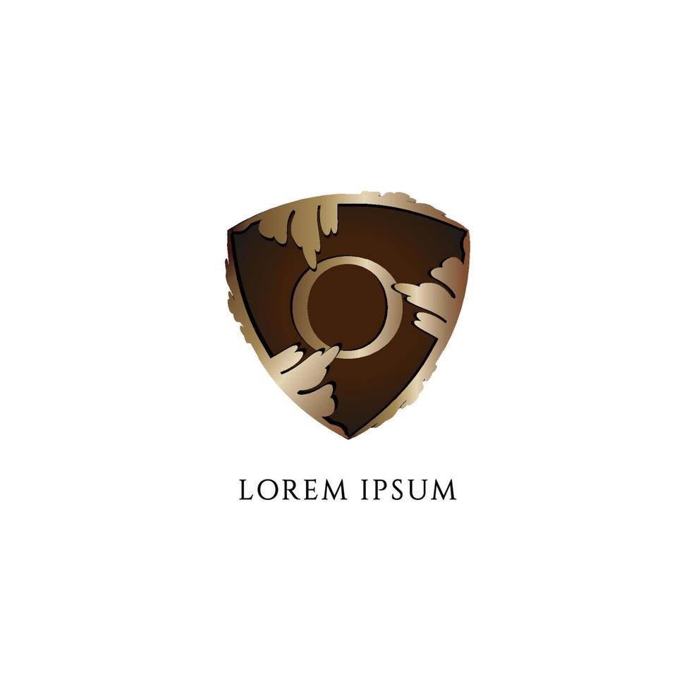 Letter O alphabet logo design template. Luxury Decorative metallic gold shield sign illustration. Initial abjad logo concept isolated on white background vector