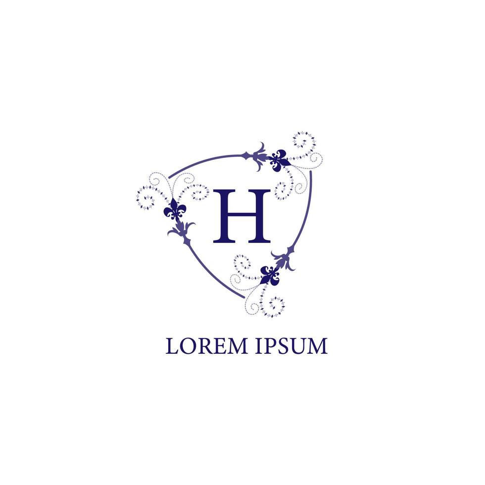 Letter H alphabet initial logo design template. Decorative floral shield with Lily Flower ornament. Isolated on white background. Purple Violet Color Theme. vector