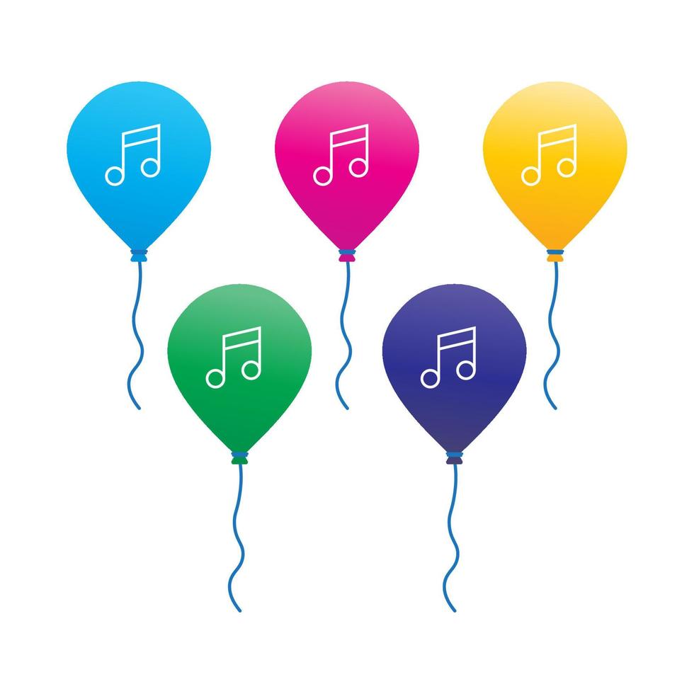 A set of colorful balloon with musical note symbol. Vector illustration pack. Design bundle isolated on white color background. Yellow blue green purple pink magenta