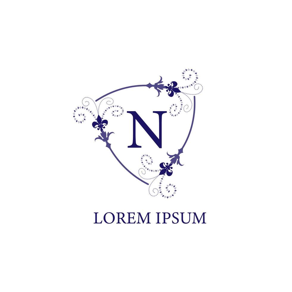 Letter N alphabet initial logo design template. Isolated on white background. Decorative floral shield with Lily Flower ornament. Purple Violet Color Theme. vector