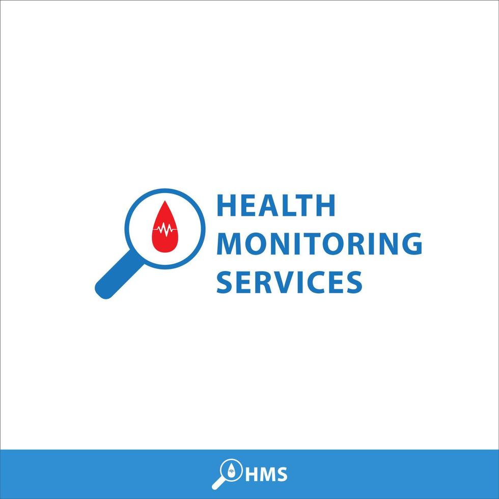 Health monitoring services logo design template. Magnifying glass and Blood drop shape with pulse vector illustration isolated on white background. Bright blue and red color theme.