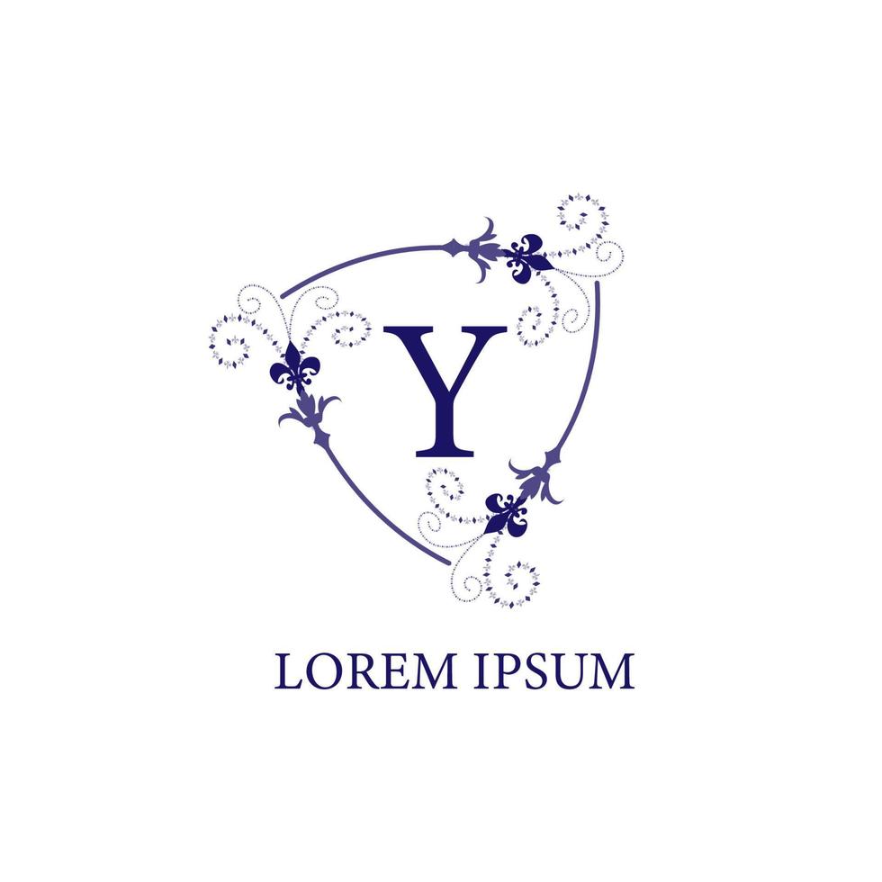 Decorative floral shield with Lily Flower ornament. Isolated on white background. Letter Y alphabet initial logo design template. Purple Violet Color Theme. vector