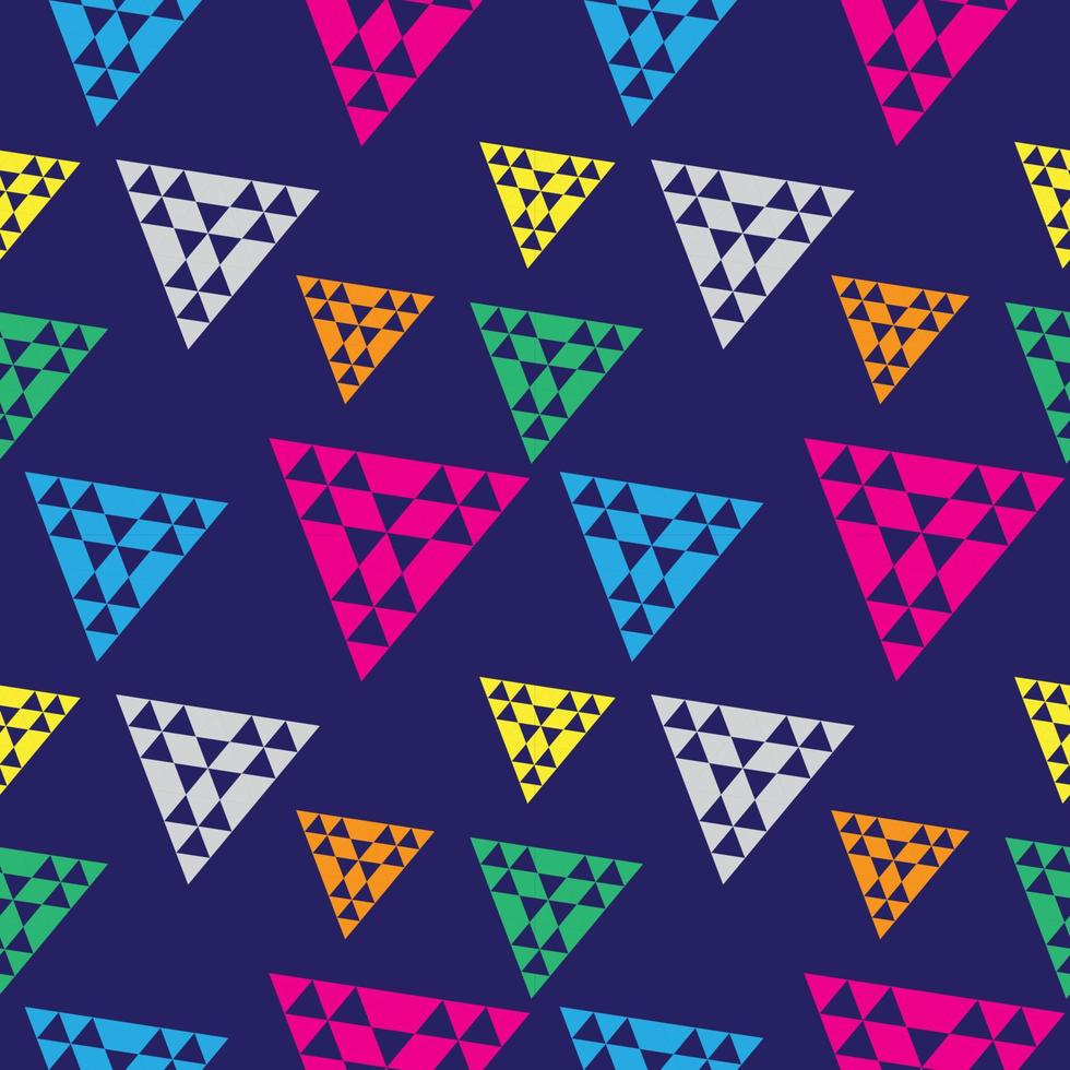Triangular Geometric Seamless Pattern Design Template. Colorful Abstract Triangles Shape Ornament . Yellow, Orange, Green, Light Blue, Pink Magenta And Gray, Dark Blue Color Theme. vector