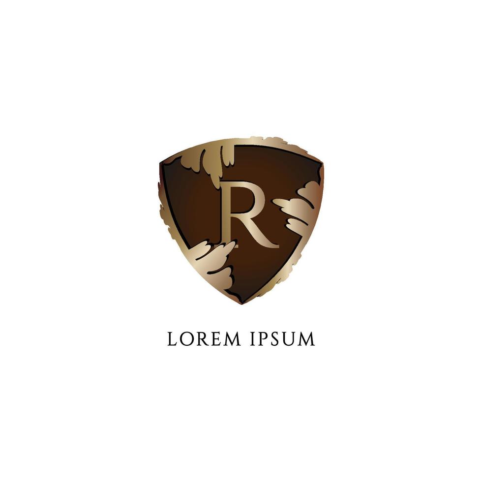 Letter R alphabet logo design template isolated on white background. Luxury Decorative metallic gold shield sign illustration. Insurance, Protection, Guard, Security. Initial abjad logo concept. vector