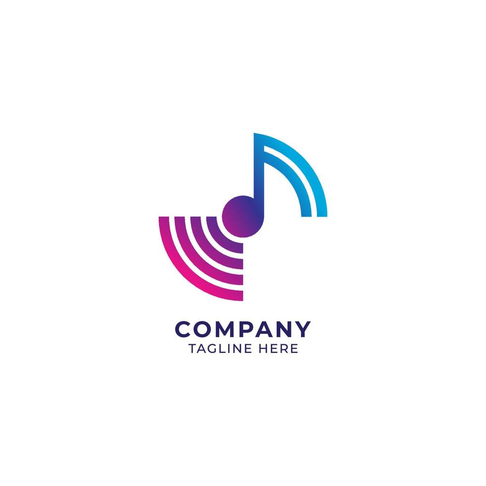 Colorful musical note with signal wave. Music and Technology logo concept. Blue pink and purple color gradient. Vector illustration isolated on white color background.