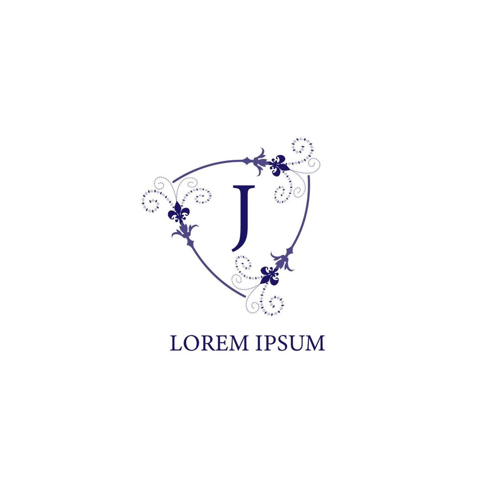 An Isolated on white background decorative floral shield with Lily Flower ornament. Letter J alphabet initial logo design template. Purple Violet Color Theme. vector