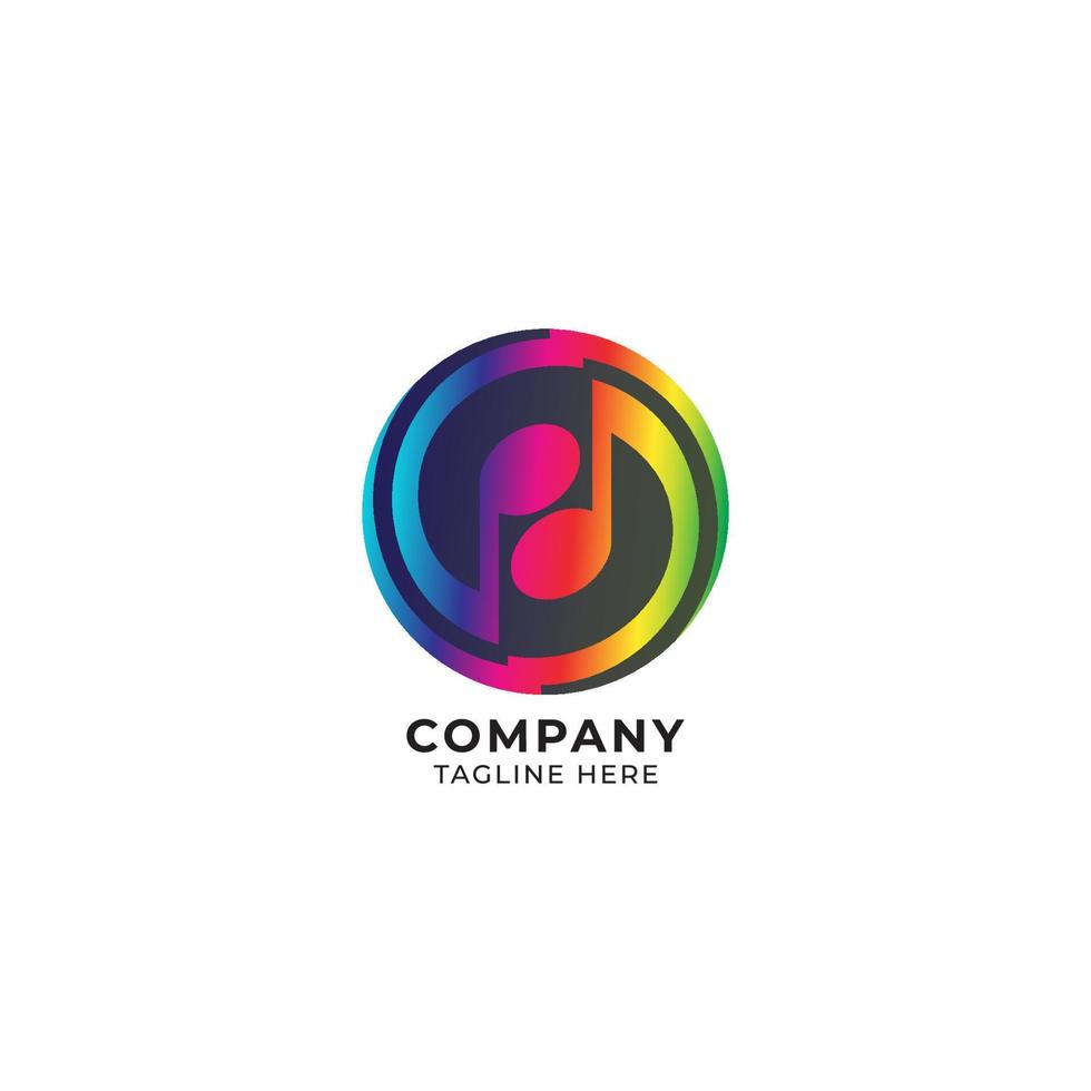 Circular thunder musical note logo design template. Yinyang logo concept with black ellipse shape behind. Rainbow color gradient. Vector illustration isolated on white background