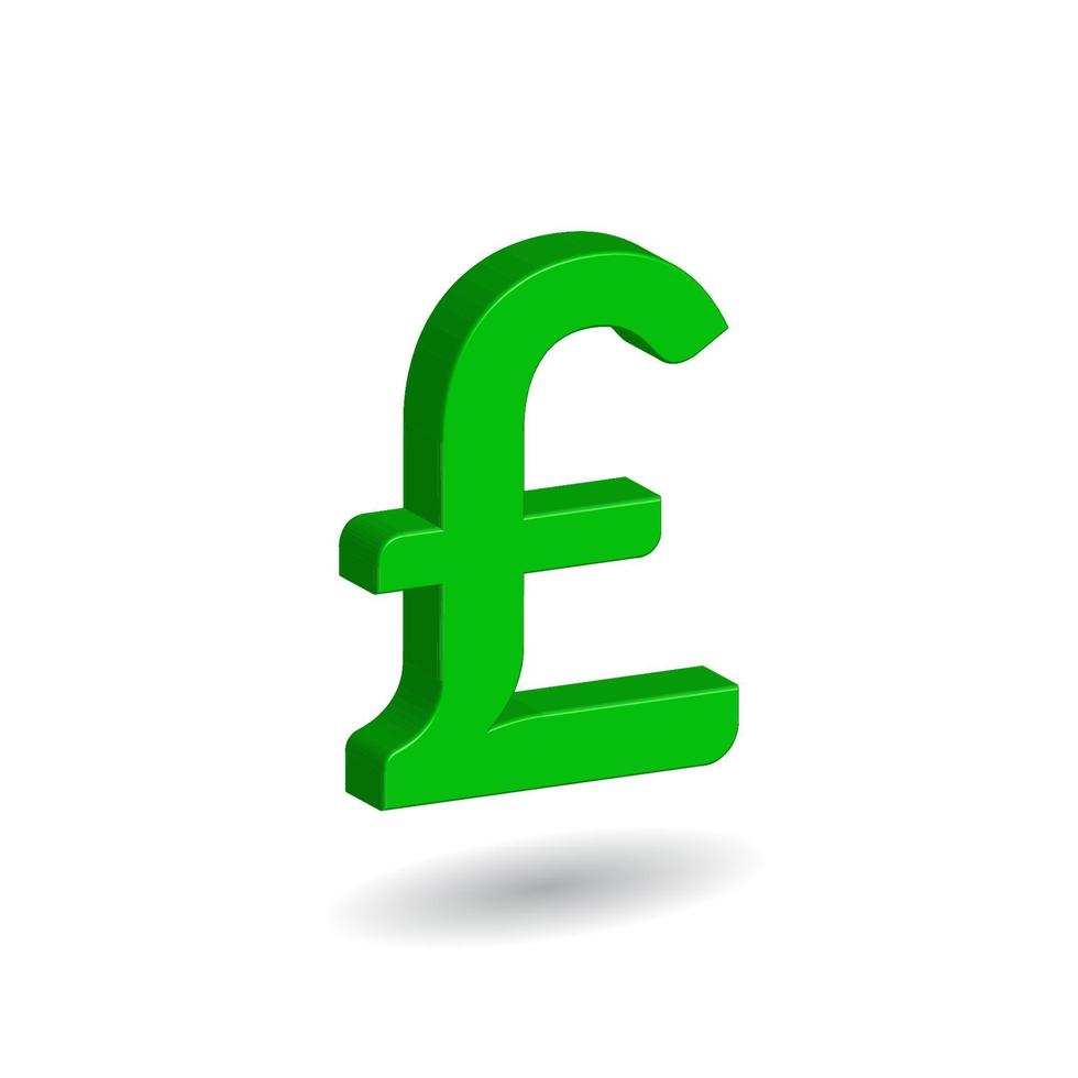 3D Vector illustration of green pound sterling sign isolated in white color background. British, United Kingdom Currency symbol.