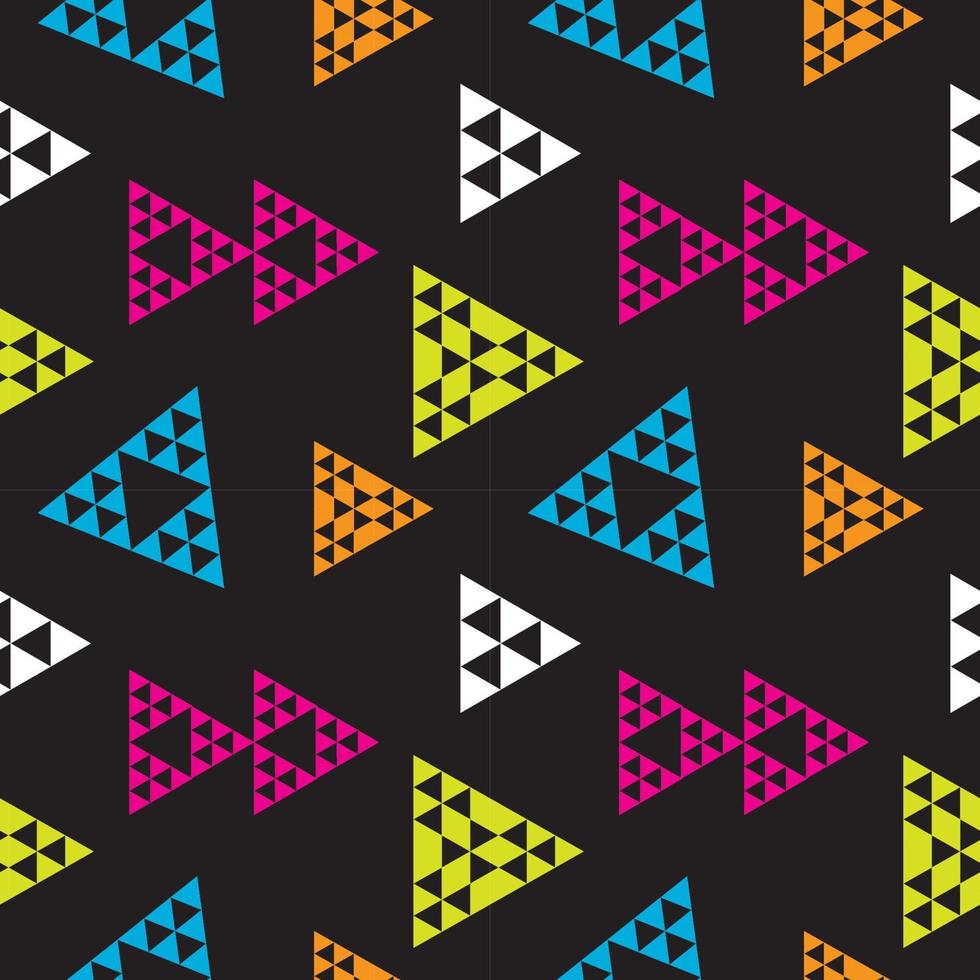 Colorful Triangles Shape Ornament. Triangular Geometric Seamless Pattern Design Template. Yellow Green, Light Blue, Pink , Orange, Black and White Color Theme. vector