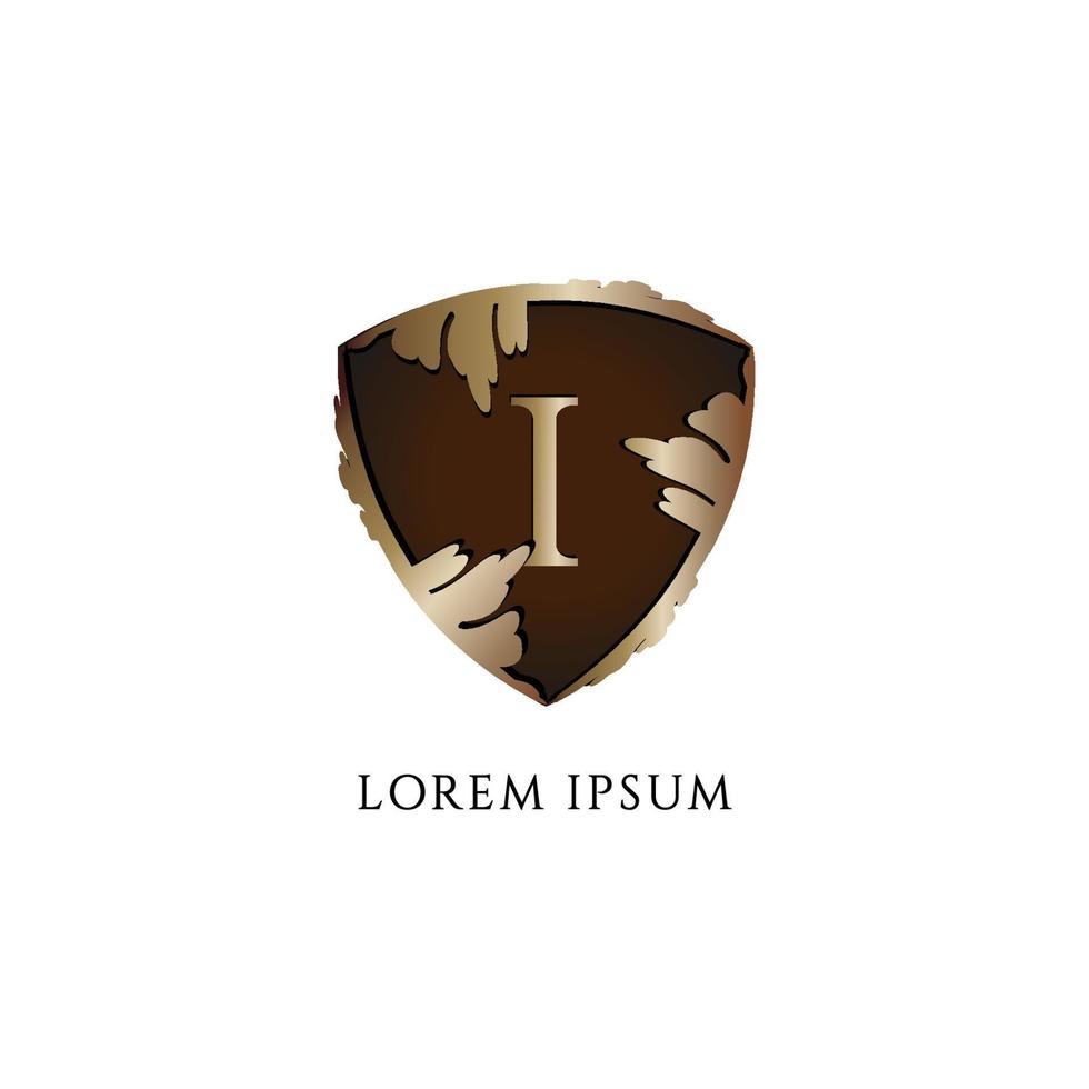 Letter I alphabet logo design template. Initial abjad logo concept. Luxury Decorative metallic gold shield sign illustration. Protection, Guard, Security. Insurance Company Logo vector